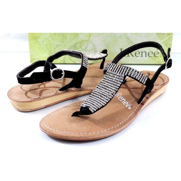 J.Renee Shoes - Women's J.Renee Stella Low Wedge T-Strap Sandals Rhinestone Suede Black Size 7.5